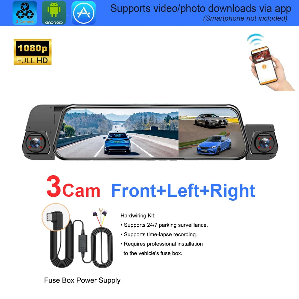 A 3-camera car dash cam package shown on a white background with promotional text, a phone app mockup, and a fuse box power supply. The main product is a rectangular rear-view mirror style camera with two side cameras, shown with sample road-driving screen footage.