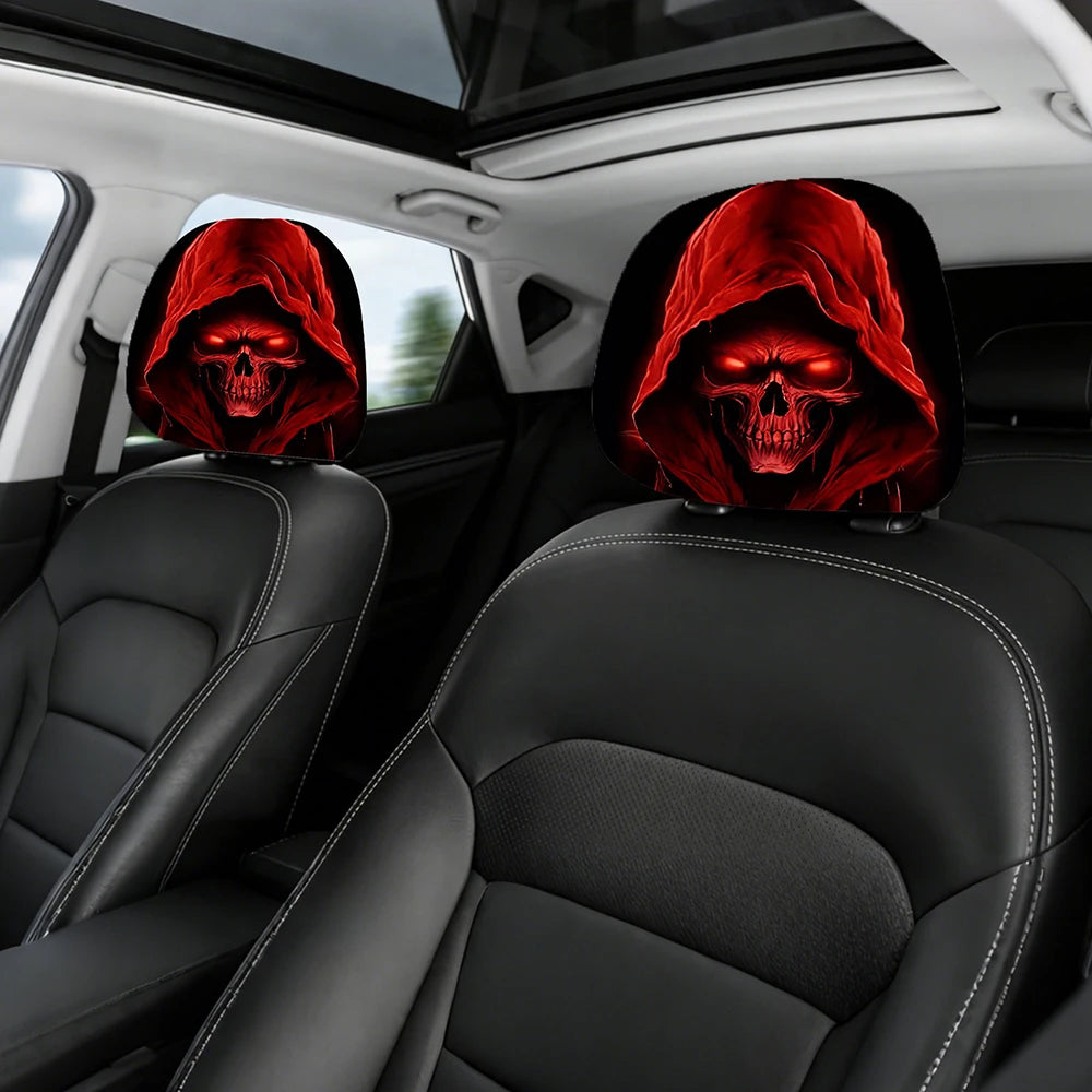 Glowing Red Eyes Reaper Skull Headrest Covers Set of 2, Washable Elastic Fabric, Universal Fit Spooky Halloween Car Accessories