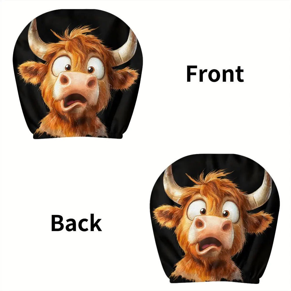 2pcs Funny Cartoon Cow Print Car Headrest Covers | Polyester, Washable, Easy Installation