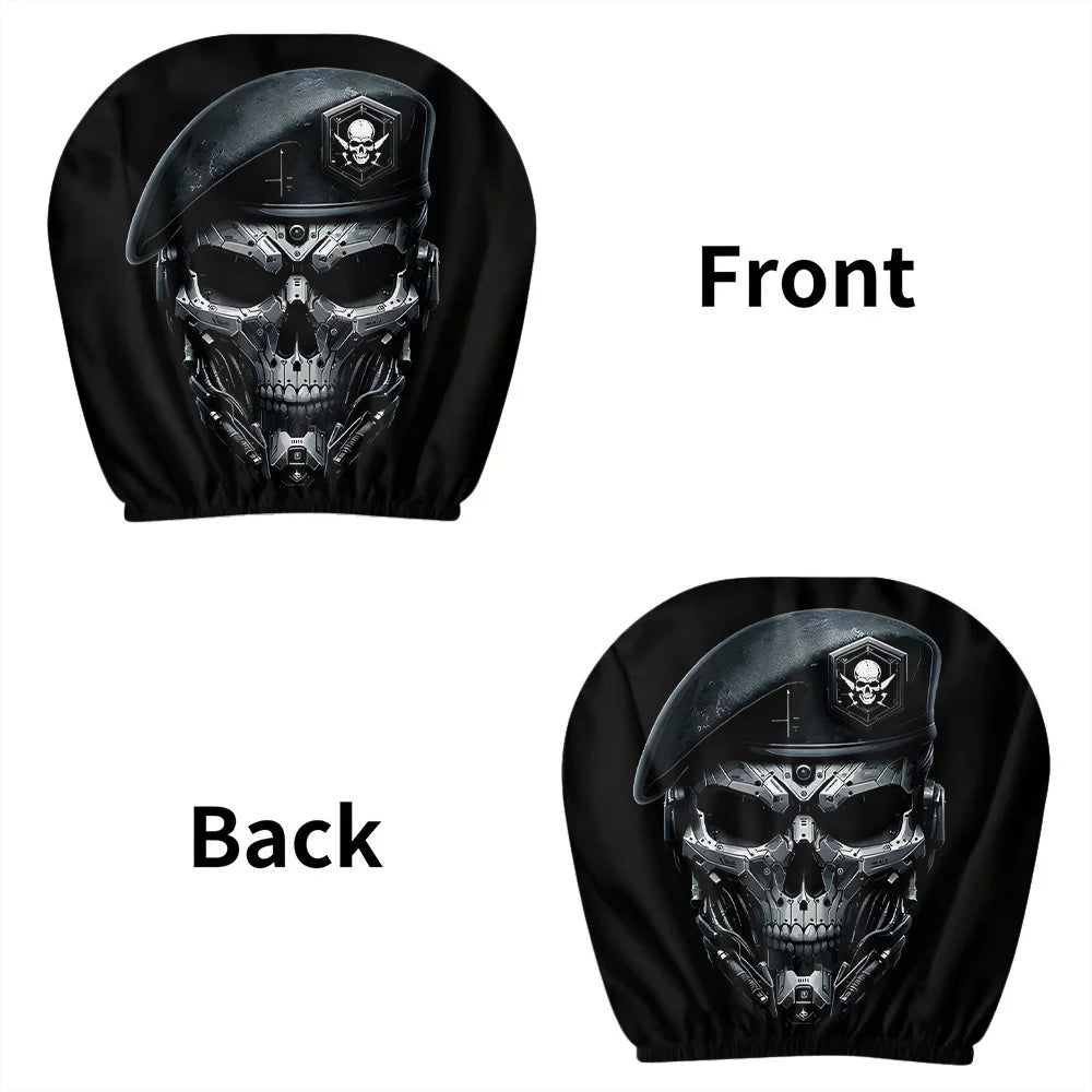 2pcs, Mechanical Skull Print Car Headrest Covers,  Elastic Design, 3D Realistic Printing,