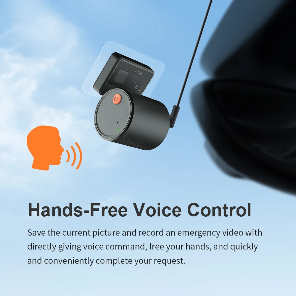 Black device with microphone and screen on a blue background, featuring text about hands-free voice control. 2K Dash Camera For Cars DVR KAWA Dash Cam MINI 3 Video Recorder
