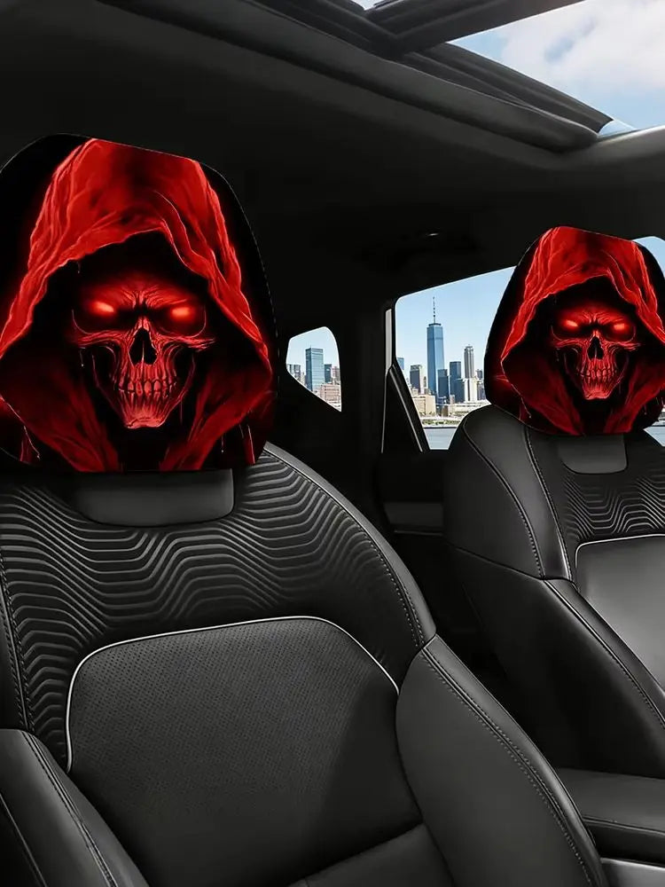 Glowing Red Eyes Reaper Skull Headrest Covers Set of 2, Washable Elastic Fabric, Universal Fit Spooky Halloween Car Accessories
