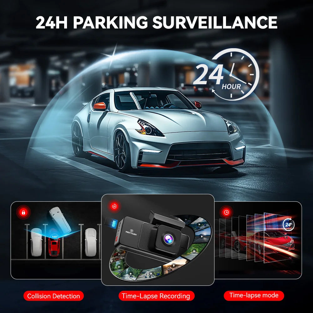 Car in a parking garage with 24-hour surveillance system displayed.  REDTIGER A3 Dash Cam 3 Channel Dash Camera Dash Car Camera Bulit in 2.4GHz Wifi IR Night Vision.