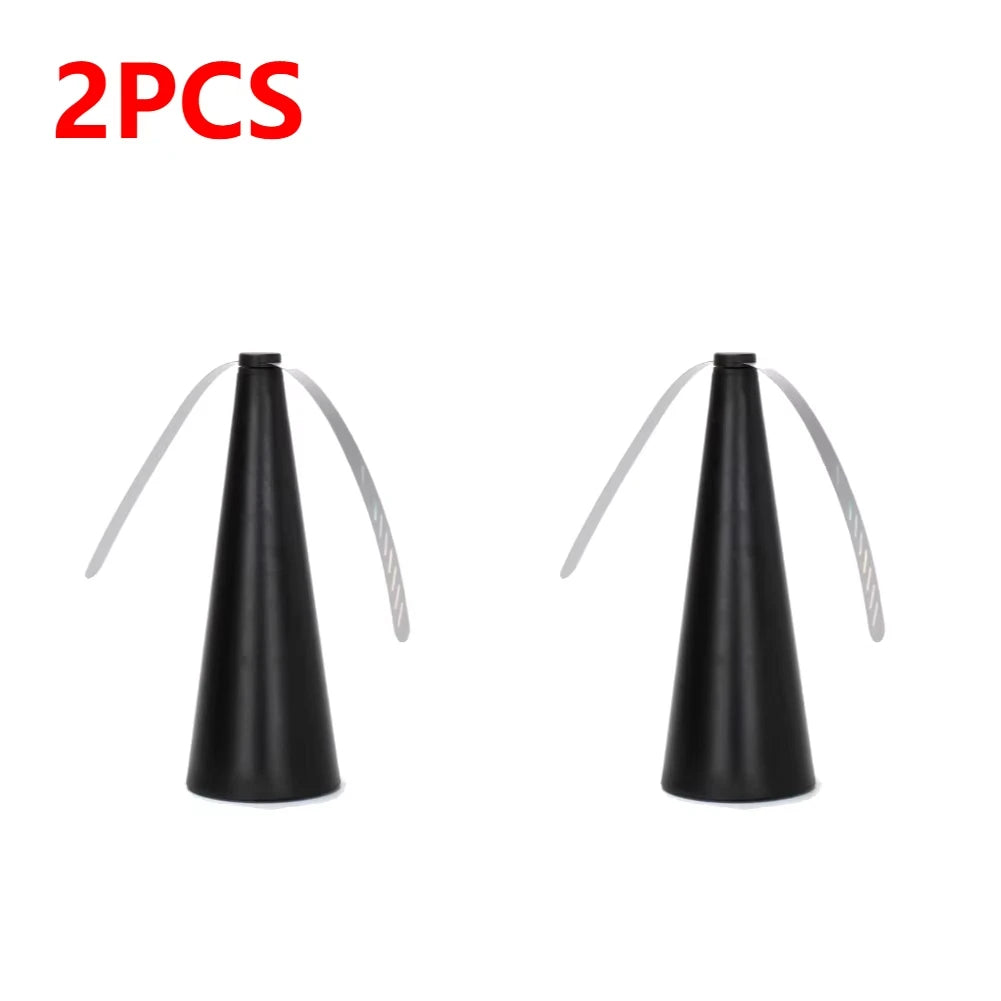 Cone shaped bug | insect | fly fan for table top. Soft blades are plastic and rotate on top to keep bugs and pests away with a USB or batteries available in silver, black or gold.