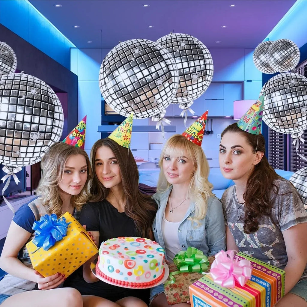 22 Inch 4D Silver Disco Ball Balloons, 8Pcs Metallic Sphere Disco Balloons for Disco Party Decorations, 70s 80s Party Decoration