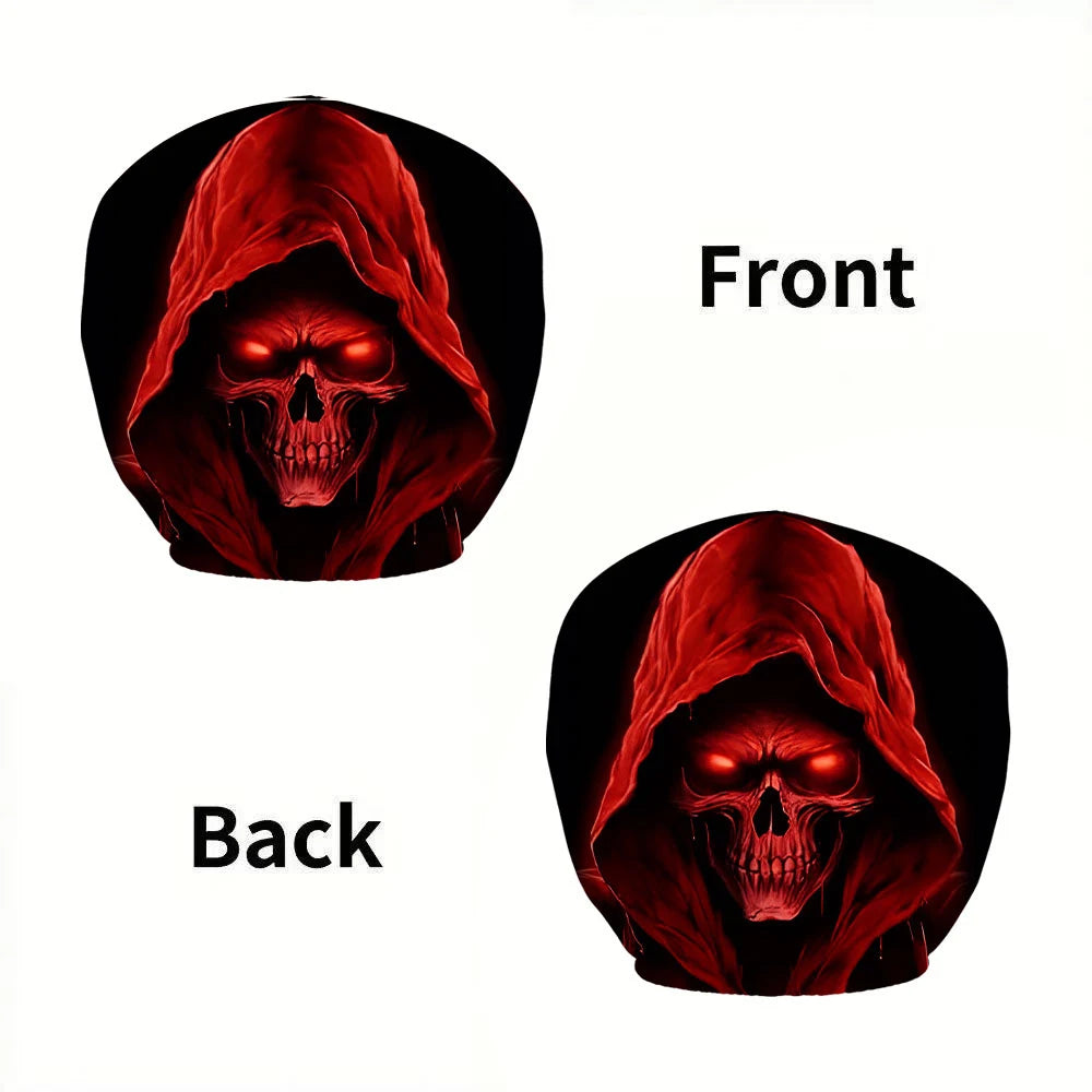 Glowing Red Eyes Reaper Skull Headrest Covers Set of 2, Washable Elastic Fabric, Universal Fit Spooky Halloween Car Accessories