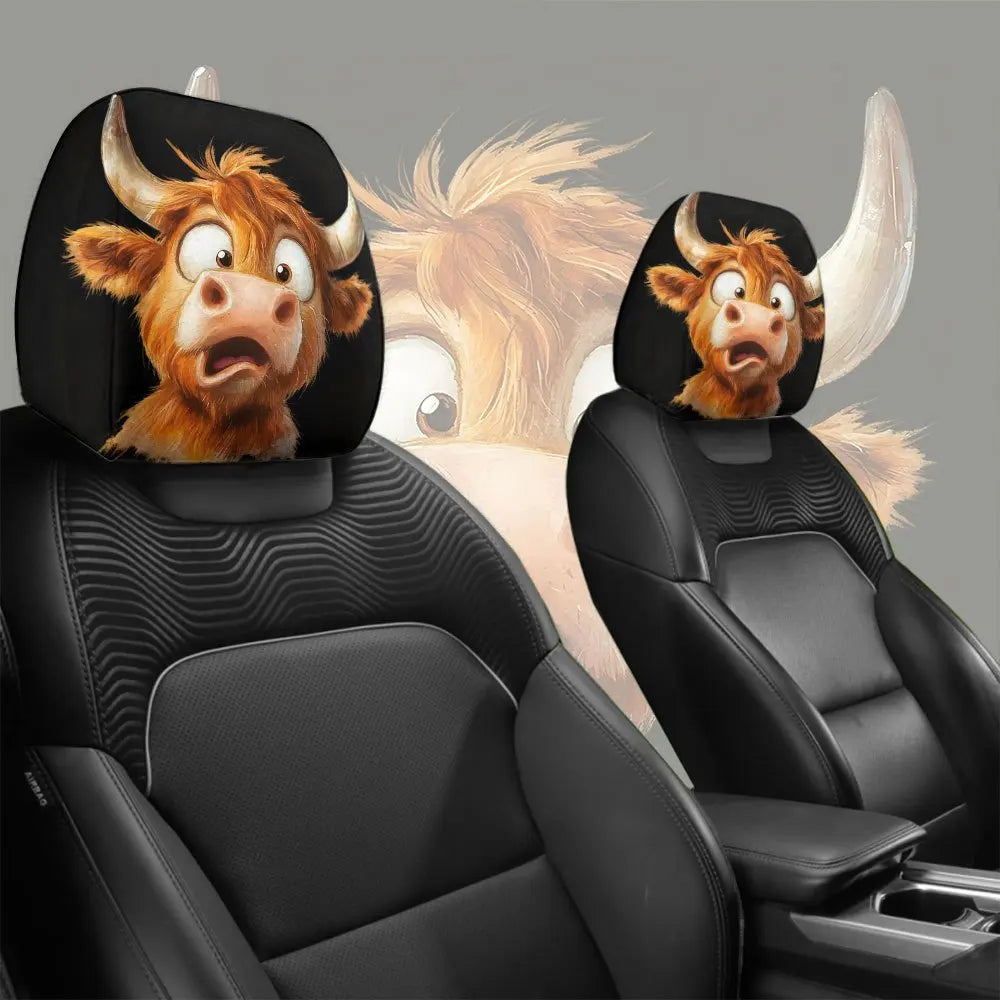 2pcs Funny Cartoon Cow Print Car Headrest Covers | Polyester, Washable, Easy Installation