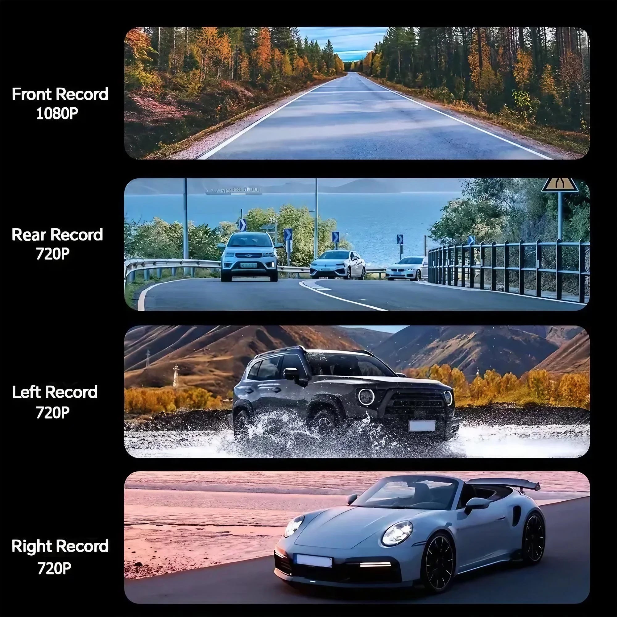 Collage of four video clips showing different recording angles and scenes.  4 Lens Dash Cam 1080P Full HD 360 All Around View Car DVR 3 16 Inch IPS Screen