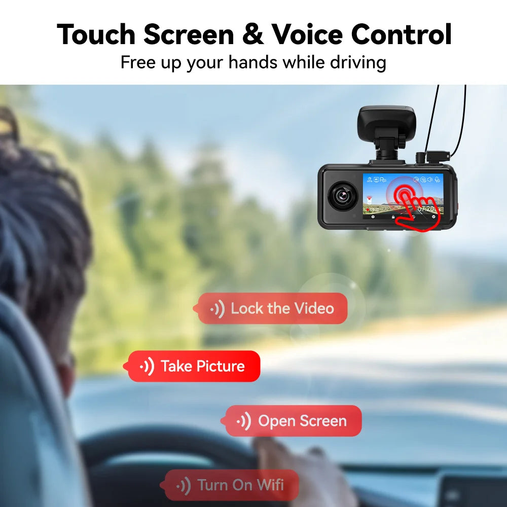 Car dashboard with a dashcam displaying touch screen and voice control features, with a blurred background of a road and trees.