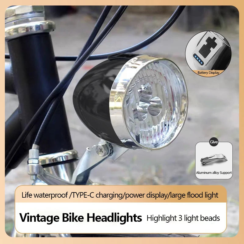 Retro Bike Headlight Type-C Rechargeable Premium Quality Replacement Accessory