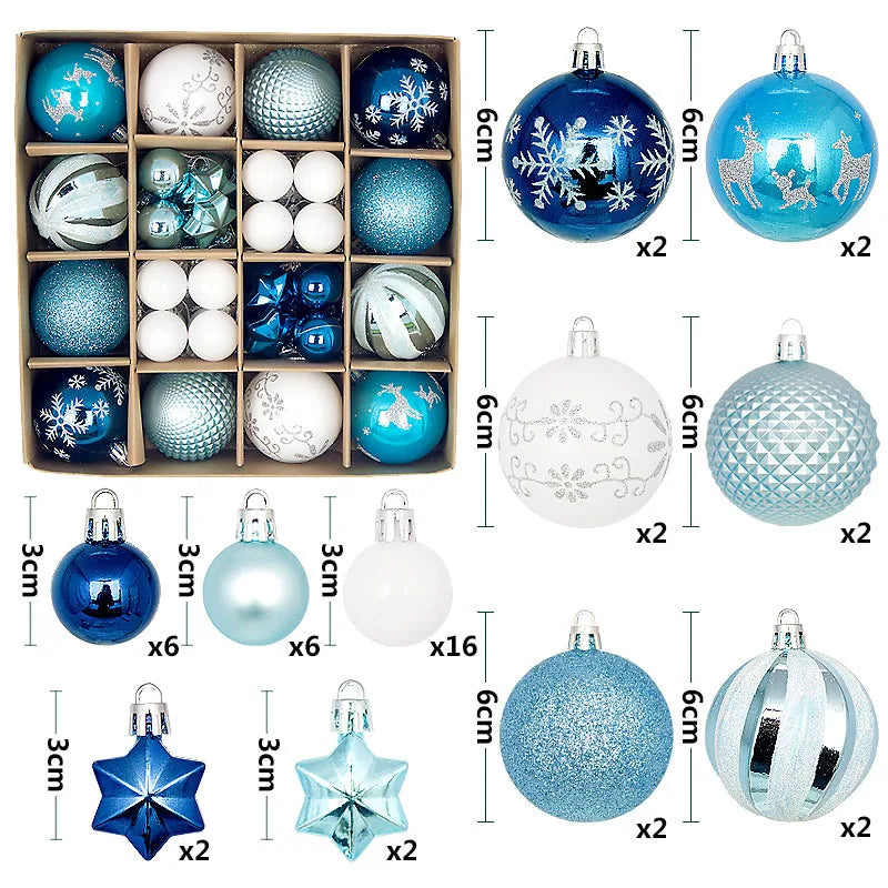 Christmas Ball Ornament Gift Box Set Assorted Blue White Snowflake Reindeer Pattern Design Holiday Festive Tree Hanging Decor