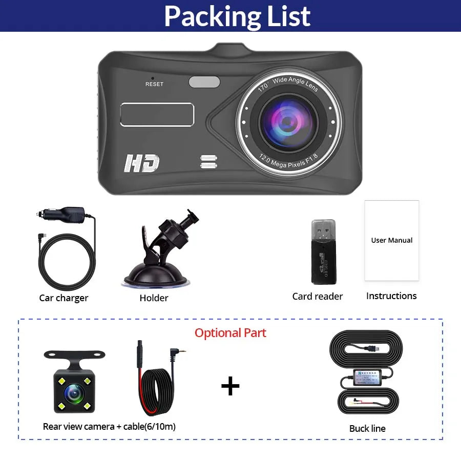 Packing list diagram for a black HD car dash camera, showing the main camera with accessories including a car charger, suction cup holder, card reader, user manual, optional rear view camera with cable, and buck line on a white background with a blue header.