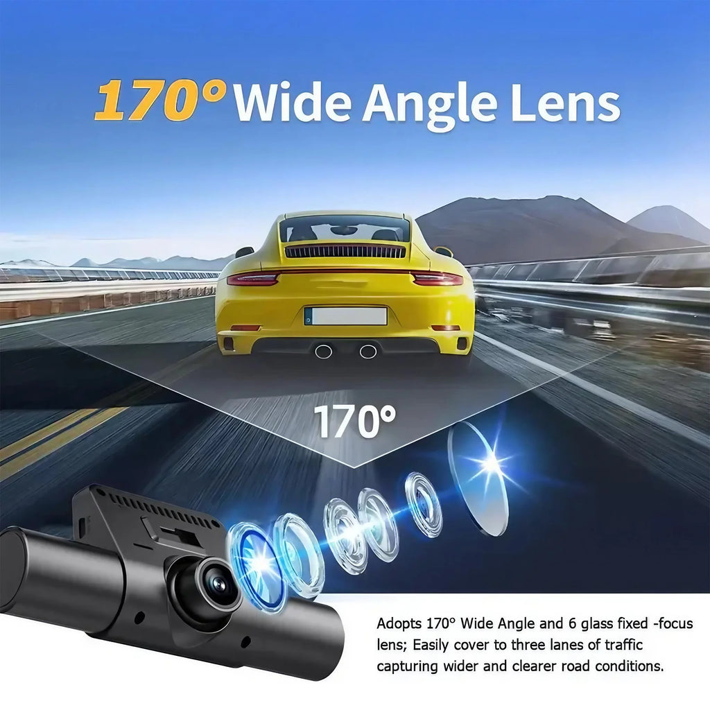 Car dashboard camera with wide-angle lens feature on a scenic road 4 Lens Dash Cam 1080P Full HD 360 All Around View Car DVR 3 16 Inch IPS Screenbackground