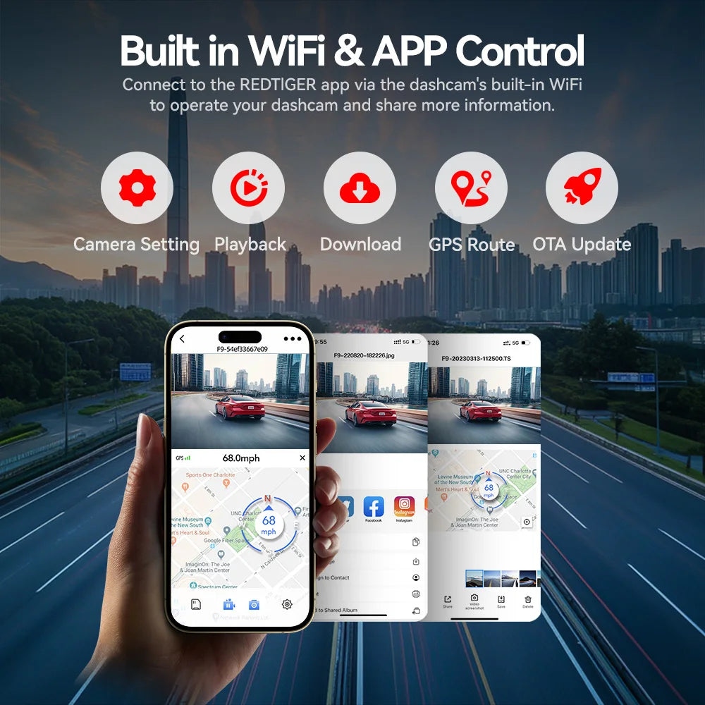Smart dashcam with built-in WiFi and app control features, shown on a smartphone screen with a cityscape background.  