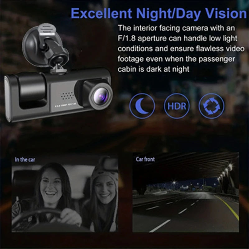 Car dashboard camera with night vision features and video feed display.