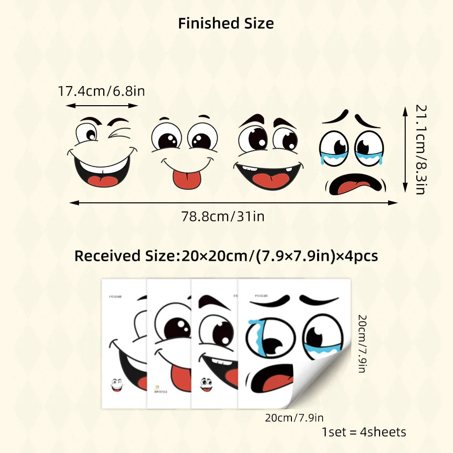 4 sheets Set Cartoon Face Stickers Self-Adhesive, Plastic Surface Compatible Home Decoration Trash Can, Toilet Decor
