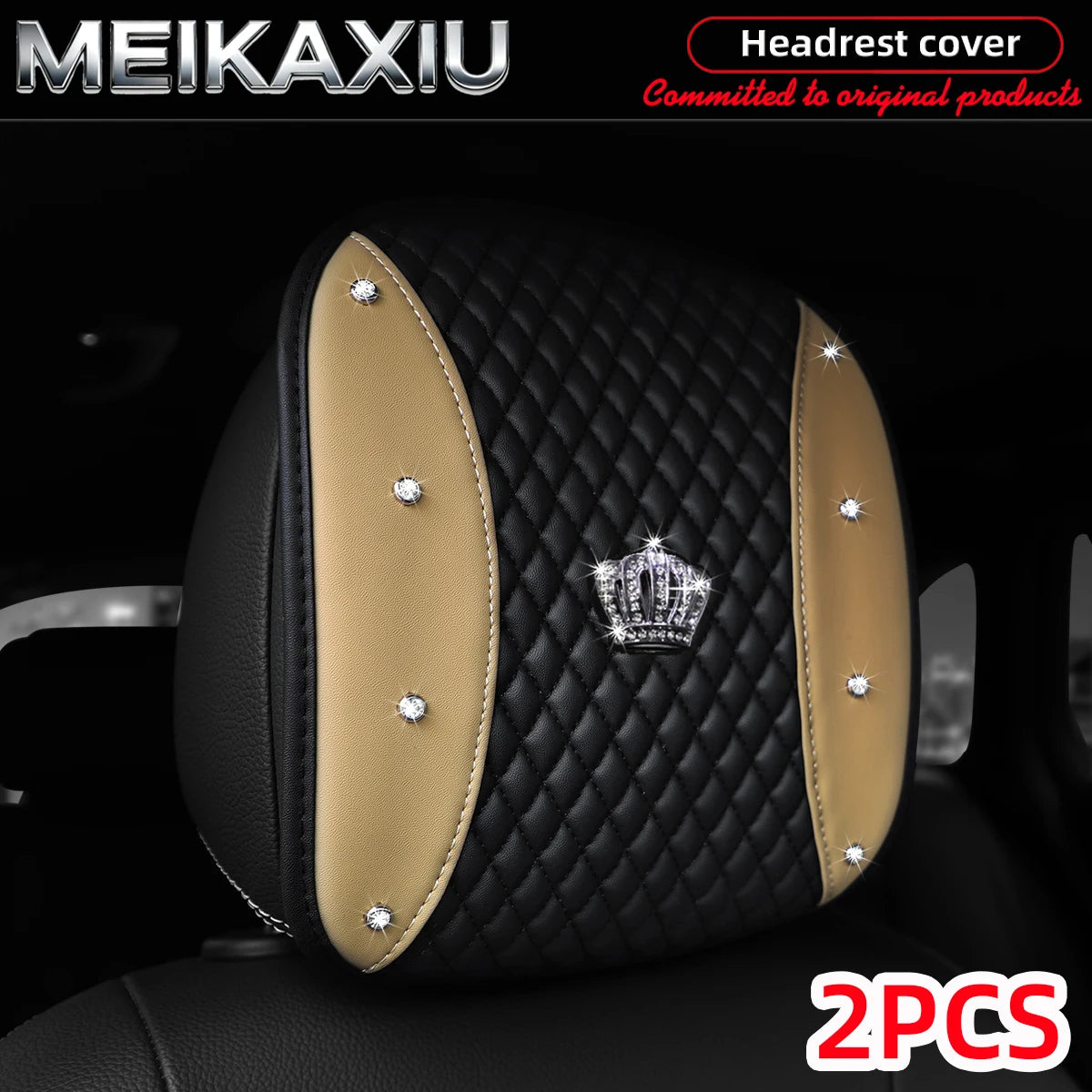 1/2PCS Multi-Color PU Leather Crown Headrest Covers with Embroidered Diamonds Rhinestones Bling Car Decorative Item