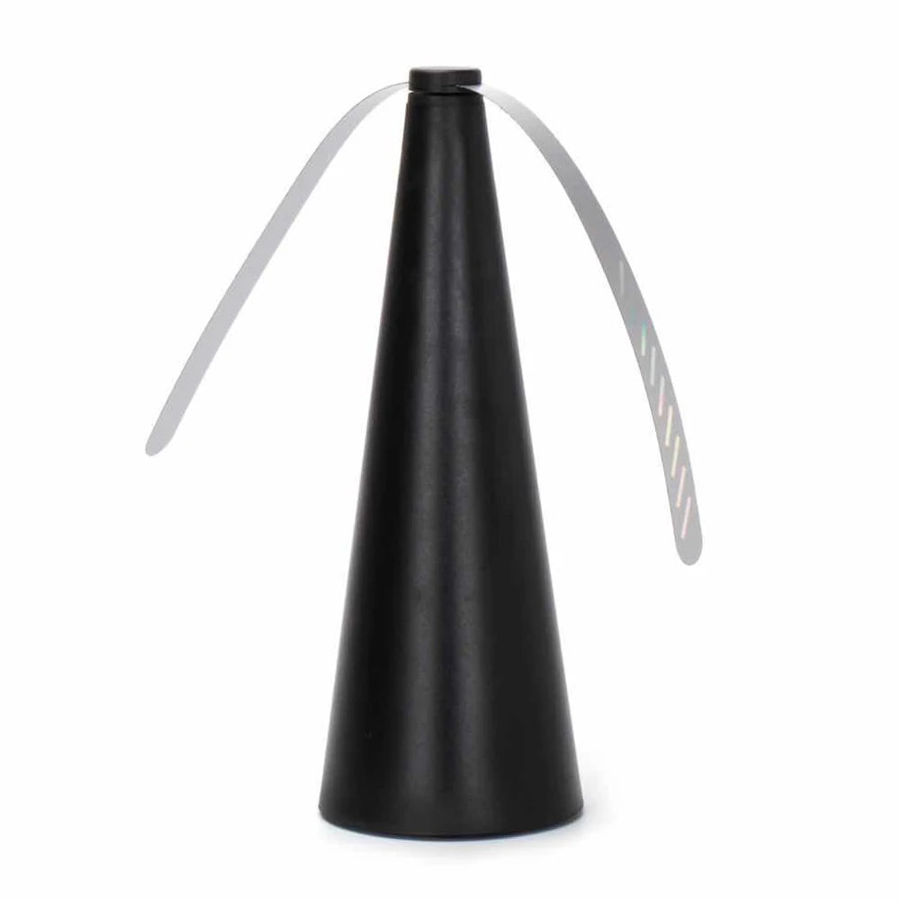 Cone shaped bug | insect | fly fan for table top. Soft blades are plastic and rotate on top to keep bugs and pests away with a USB or batteries available in silver, black or gold.