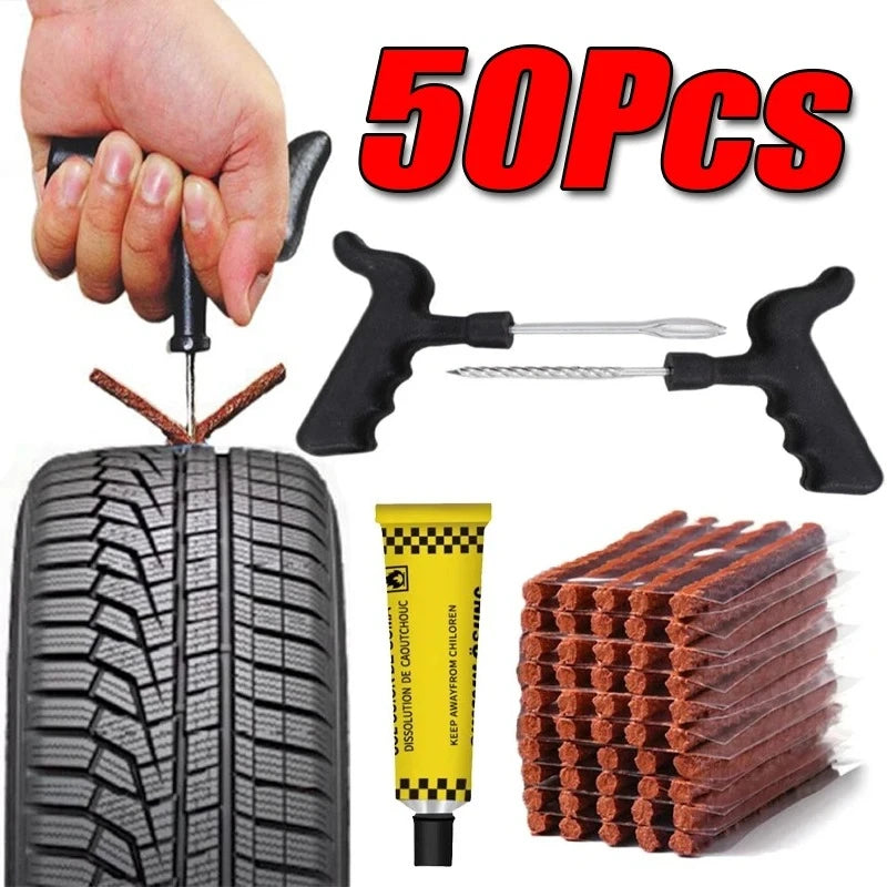 Collection of tire repair tools and materials with a hand holding a tool, tire, and packaging.