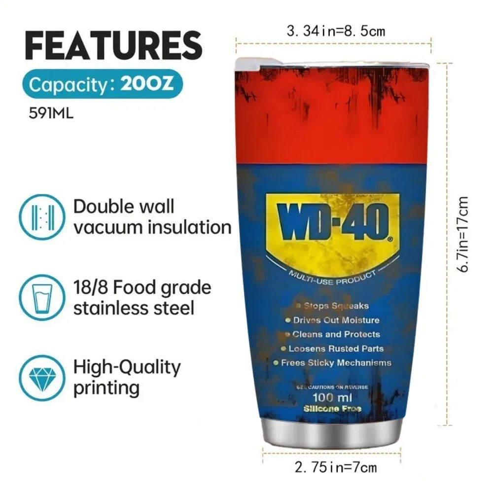 WD-40 Travel Mug, weathered, insulated, looks like the original WD 40 Can