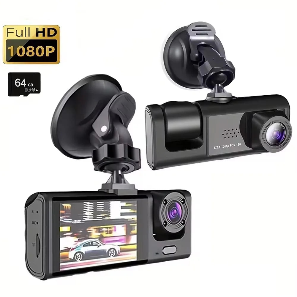 Car dashboard camera with screen and suction cup on a white background