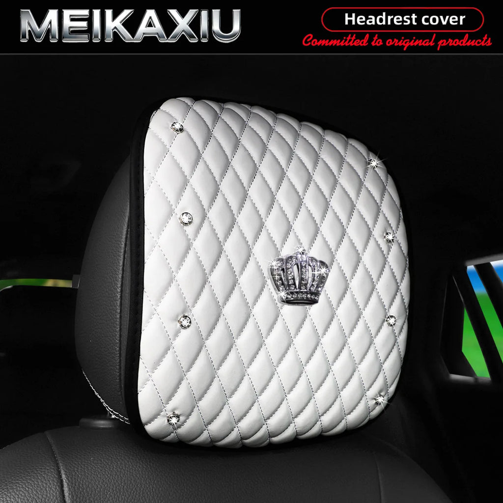 Diamond-Embroidered Rhinestone-Crusted PU Leather Crown Bling Car Headrest Cover 1PC/2PCS Fashionable Automobile Accessory