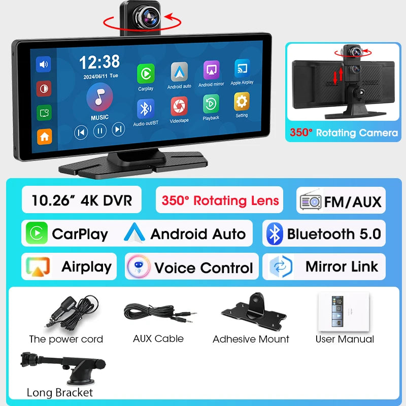 Car monitor with 350-degree rotating camera and various connectivity features on a blue and gray 4K Dash Cam Wireless Carplay Android Auto 350° Rotating Lens Car DVR GPSbackground.