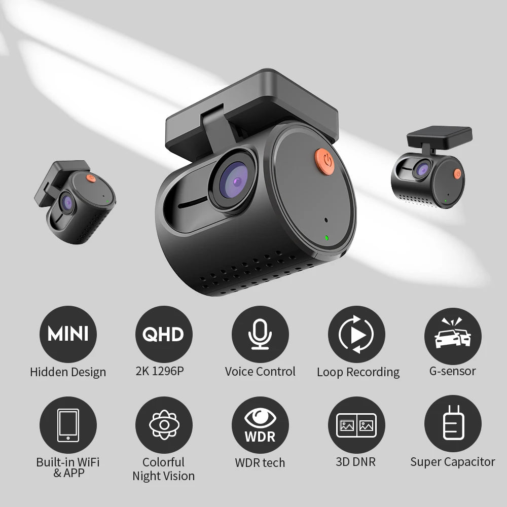 Car dashboard camera with features listed on a gray background