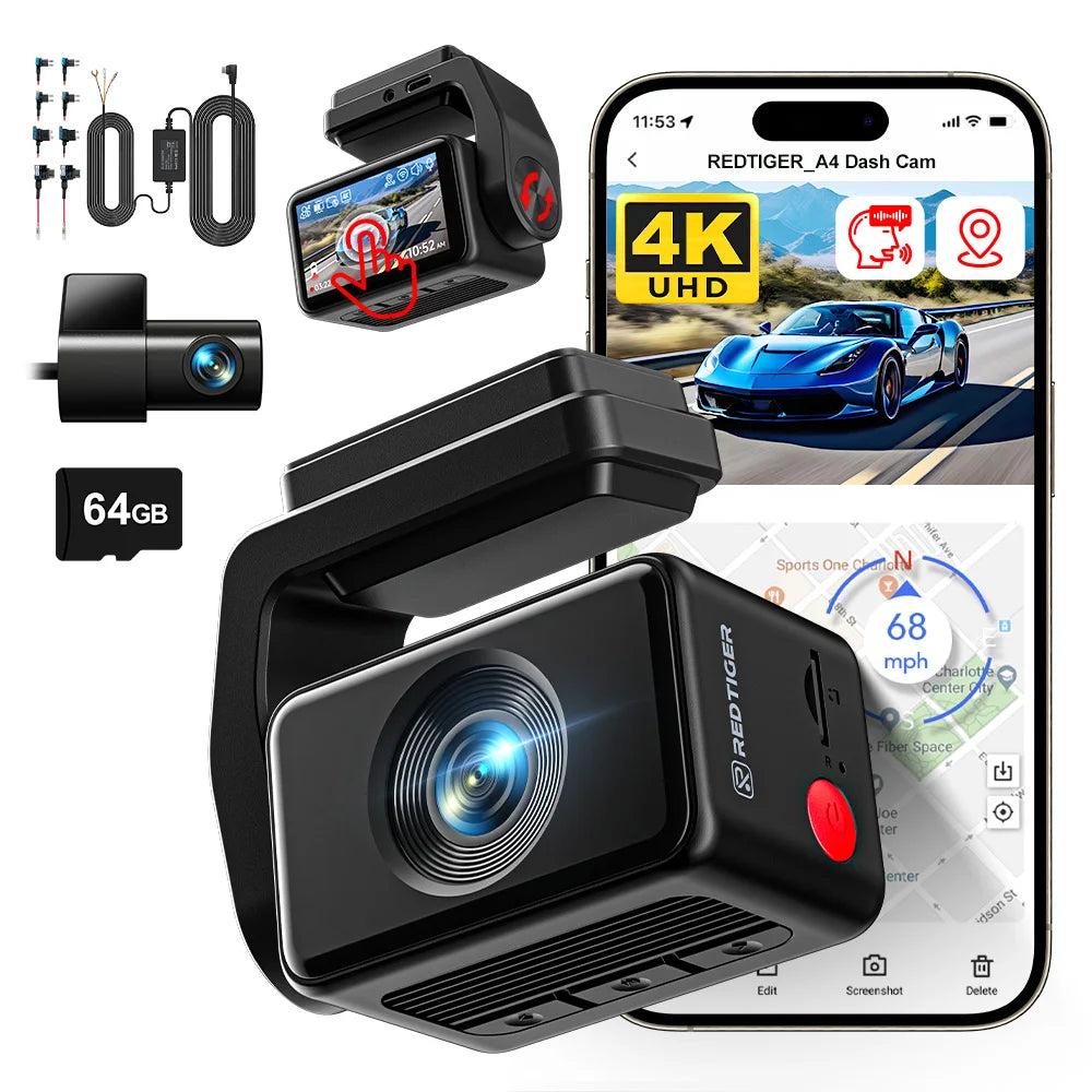Car dashboard camera with smartphone display, 64GB memory card, and additional accessories on a white background.  Product is a REDTIGER A4 Dash Camera Front and Rear 4k Dash Cam  Drive Recorder for WiFi GPS.
