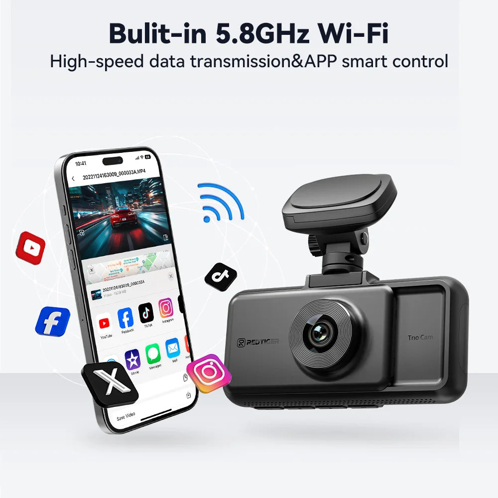 Redtiger Car dashboard camera with smartphone displaying app icons and text about Wi-Fi connectivity.