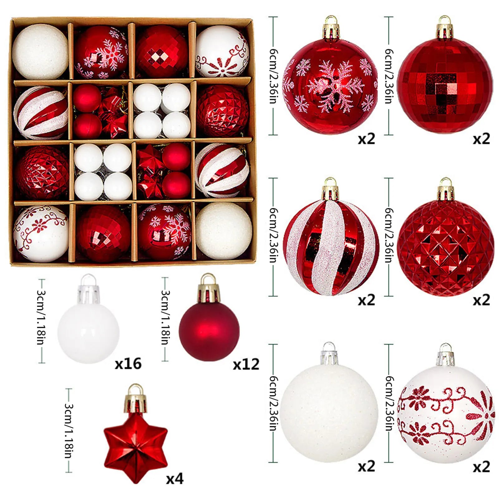 Christmas Ball Ornament Gift Box Set Assorted Blue White Snowflake Reindeer Pattern Design Holiday Festive Tree Hanging Decor