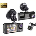Car dashboard camera with screen, suction cup, and side view camera on a white background