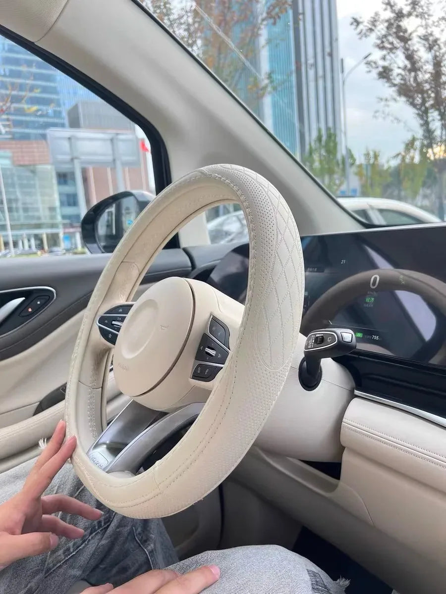 Embossed PU Leather Patchwork Car Steering Wheel Cover Anti-Slip Comfort