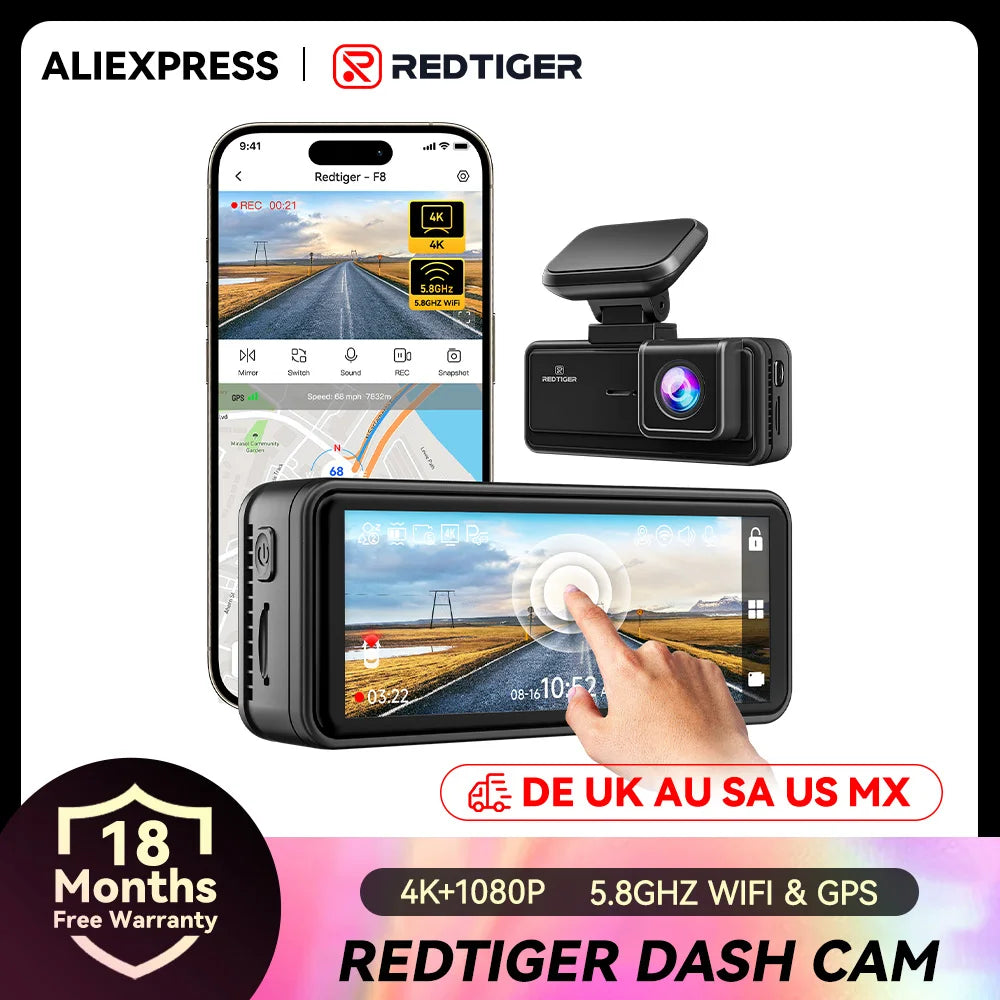 Redtiger dash cam with smartphone display and Aliexpress branding.  REDTIGER F8  4K+1080P 5.8G WiFi Dash Cam Front and Rear GPS Dash Camera.