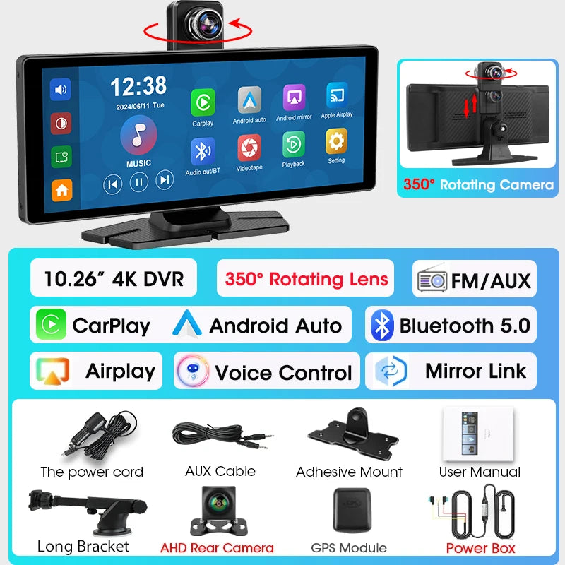 Car monitor with 350-degree rotating camera and various connectivity options on a blue background.  4K Dash Cam Wireless Carplay Android Auto 350° Rotating Lens Car DVR GPS