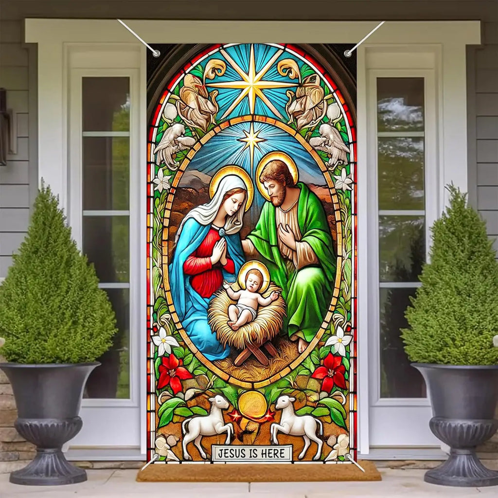 Christmas door casing banner, winter festival scene of the Nativity of Jesus, home decoration festival