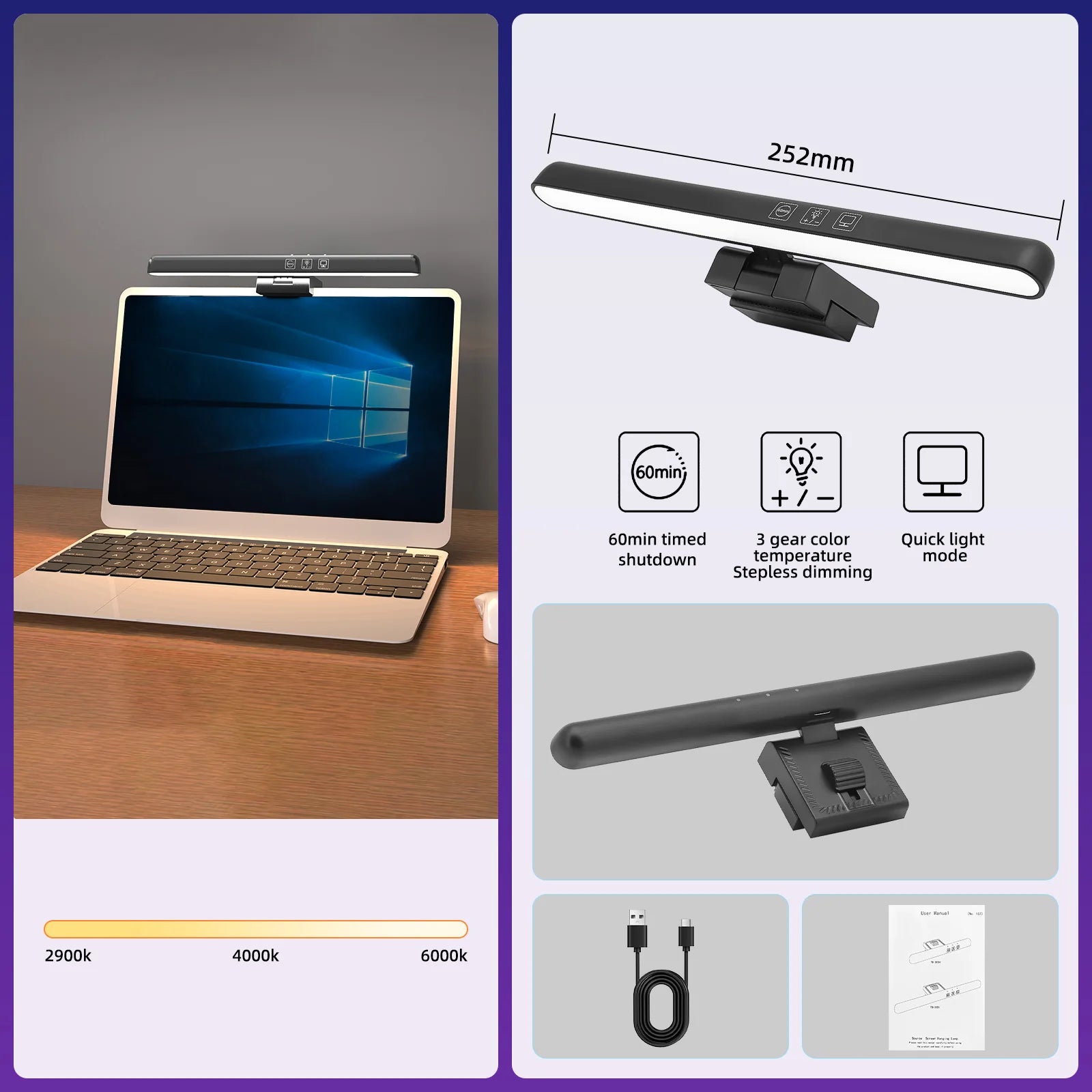 USB Stepless Dimming Screen Hanging LED Computer Monitor Light Bar Desk Lamp