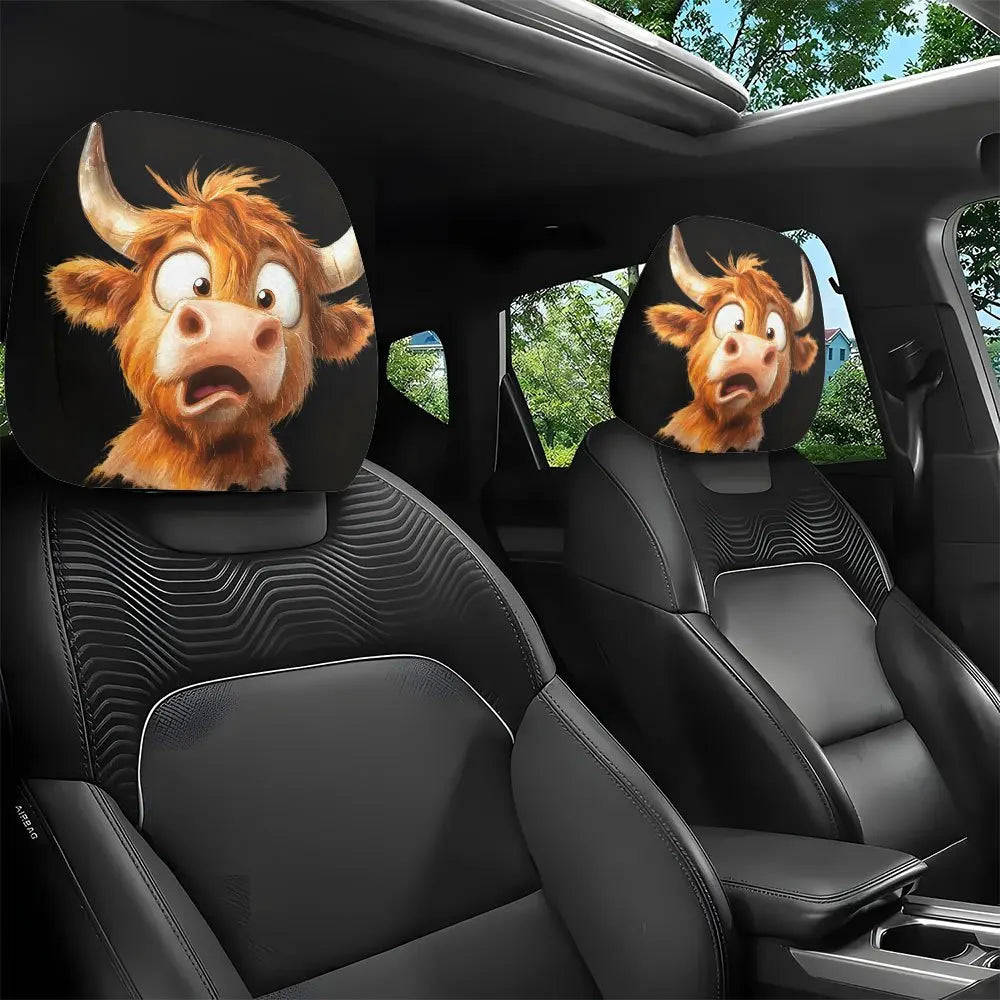 2pcs Funny Cartoon Cow Print Car Headrest Covers | Polyester, Washable, Easy Installation