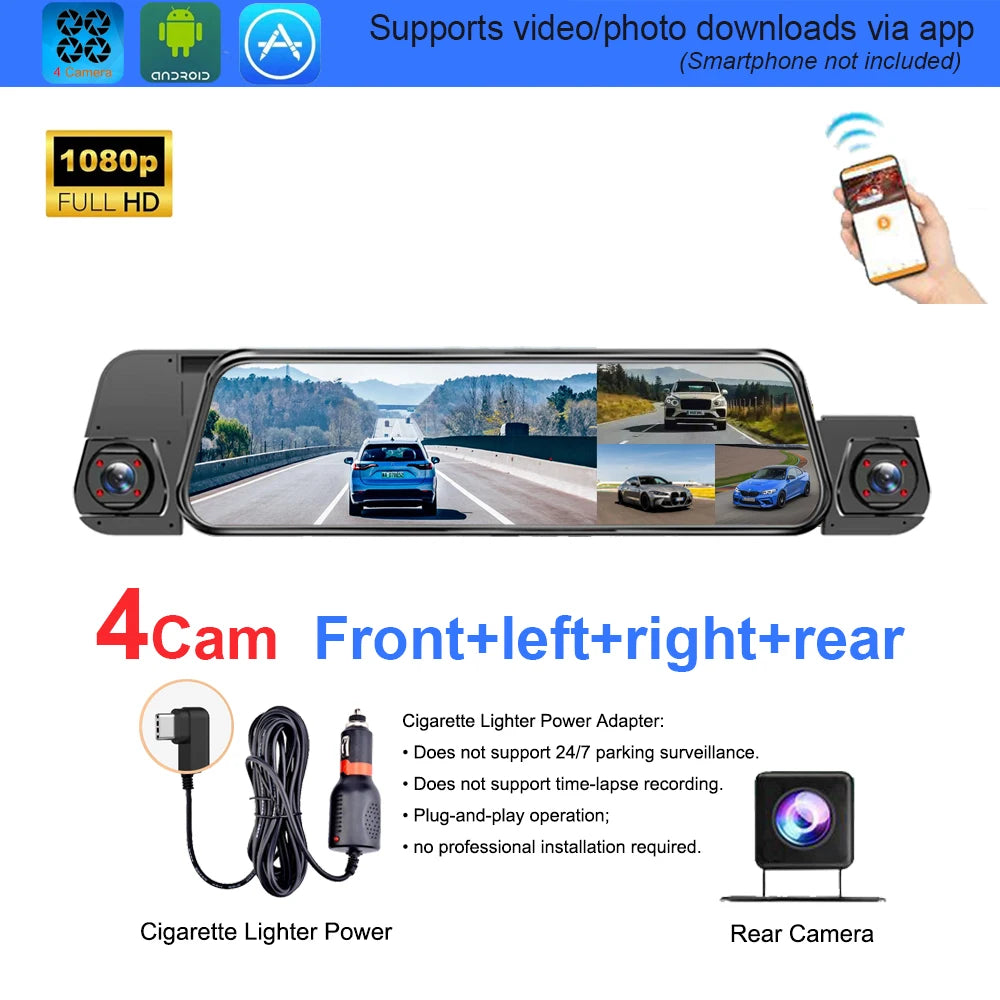 A rear-view car dash cam with integrated side cameras, shown on a white background with feature callouts, app icons, a cigarette lighter power adapter, and a rear camera inset. The top banner says it supports video/photo downloads via app and 1080p full HD.
