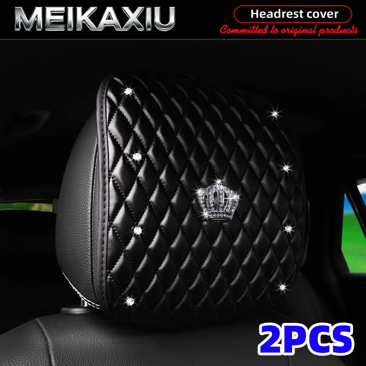 Diamond-Embroidered Rhinestone-Crusted PU Leather Crown Bling Car Headrest Cover 1PC/2PCS Fashionable Automobile Accessory