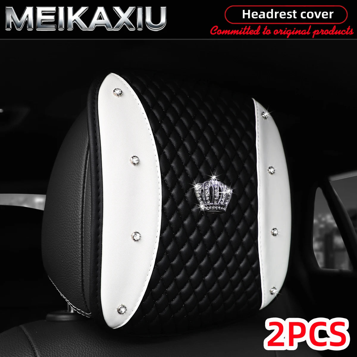 1/2PCS Multi-Color PU Leather Crown Headrest Covers with Embroidered Diamonds Rhinestones Bling Car Decorative Item