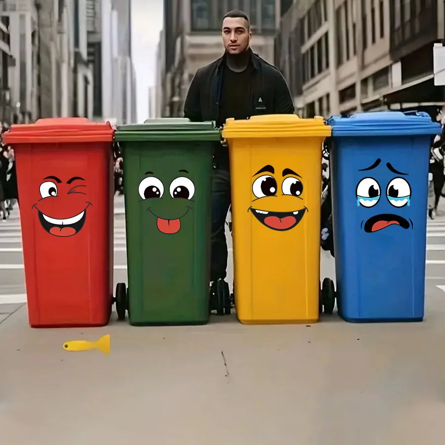 4 sheets Set Cartoon Face Stickers Self-Adhesive, Plastic Surface Compatible Home Decoration Trash Can, Toilet Decor