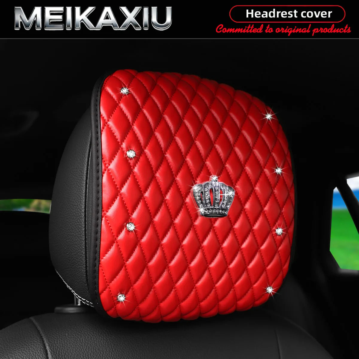Diamond-Embroidered Rhinestone-Crusted PU Leather Crown Bling Car Headrest Cover 1PC/2PCS Fashionable Automobile Accessory