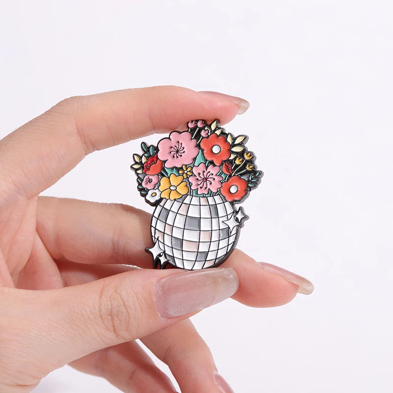 Flower Disco Shining Ball Enamel Pins Custom Bouquet Of Flowers Music Brooches Lapel Badges Jewelry Gift For Fans Friends