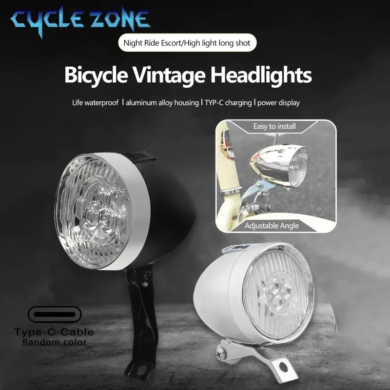 Retro Bike Headlight Type-C Rechargeable Premium Quality Replacement Accessory