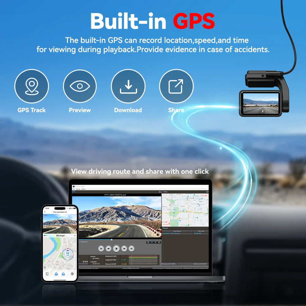 Car dashboard with built-in GPS system displaying route on smartphone and laptop.  Product is a REDTIGER A4 Dash Camera Front and Rear 4k Dash Cam  Drive Recorder for WiFi GPS.