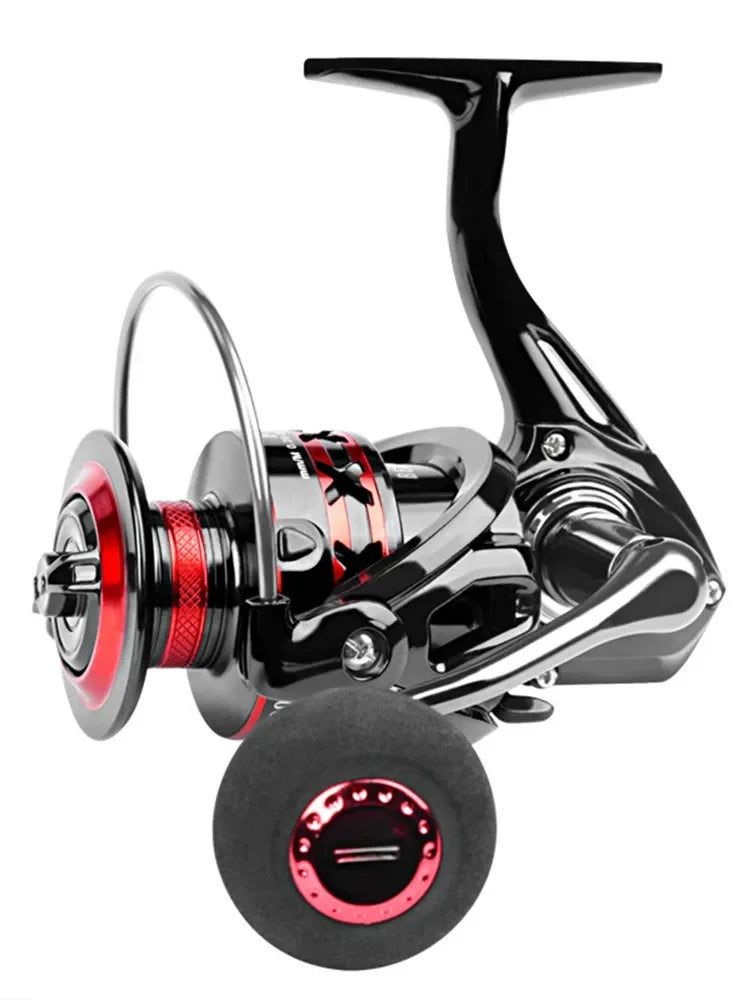Fishing reel with black and red design on a white background