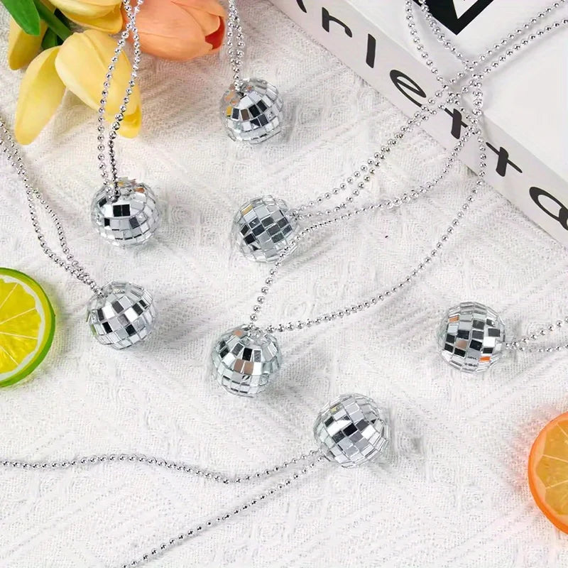 5-10Pcs Mirror Disco Ball Necklaces Silver Hanging Balls Ornament 70s Disco Party Necklaces Mini 70s Jewelry Party Favor Decor