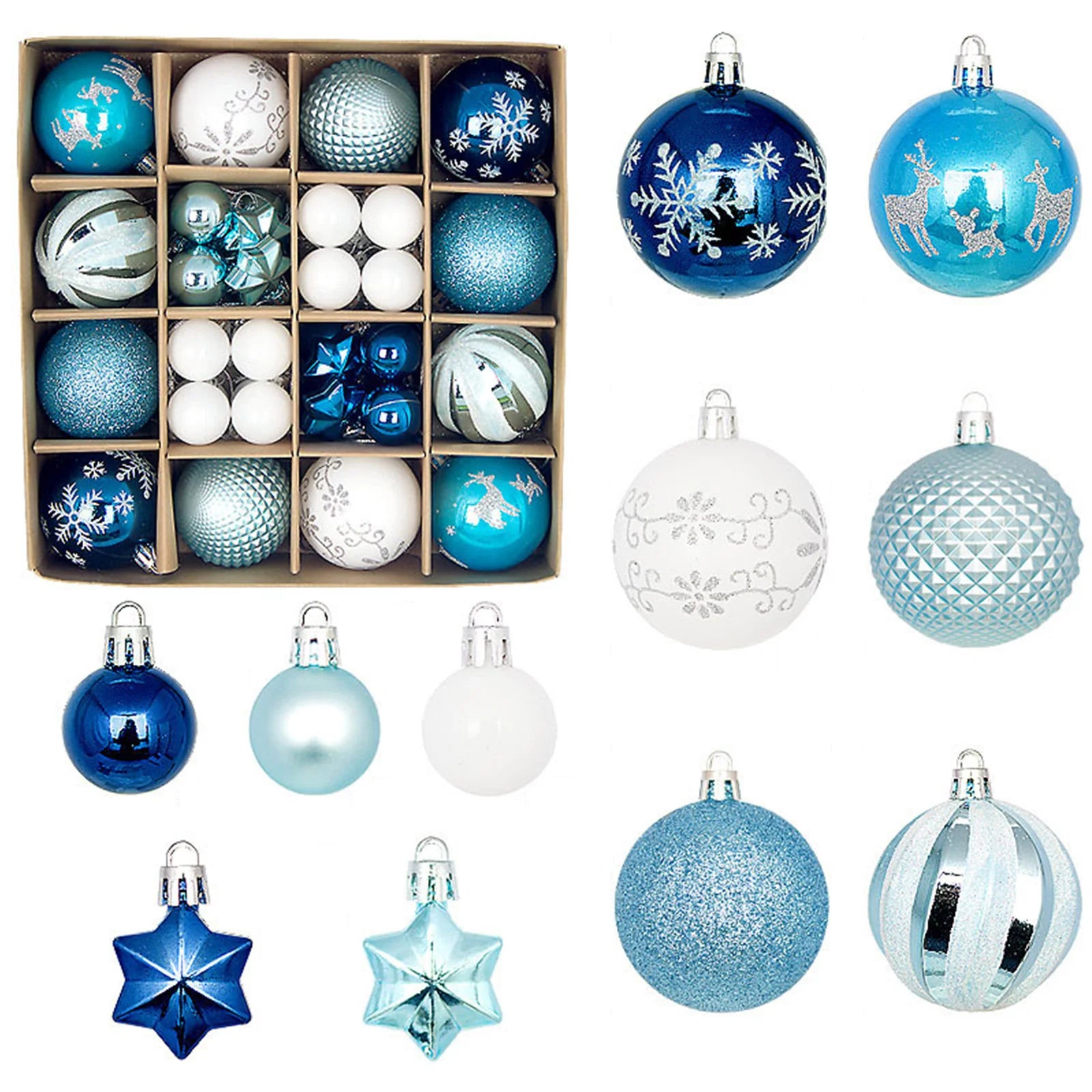 Christmas Ball Ornament Gift Box Set Assorted Blue White Snowflake Reindeer Pattern Design Holiday Festive Tree Hanging Decor