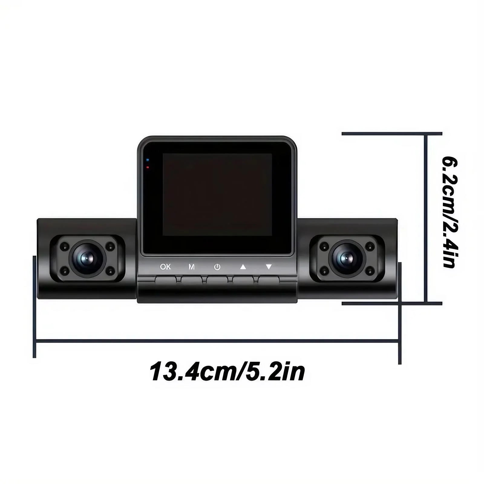 Car dashboard camera with dimensions labeled on a white background  4 Lens Dash Cam 1080P Full HD 360 All Around View Car DVR 3 16 Inch IPS Screen